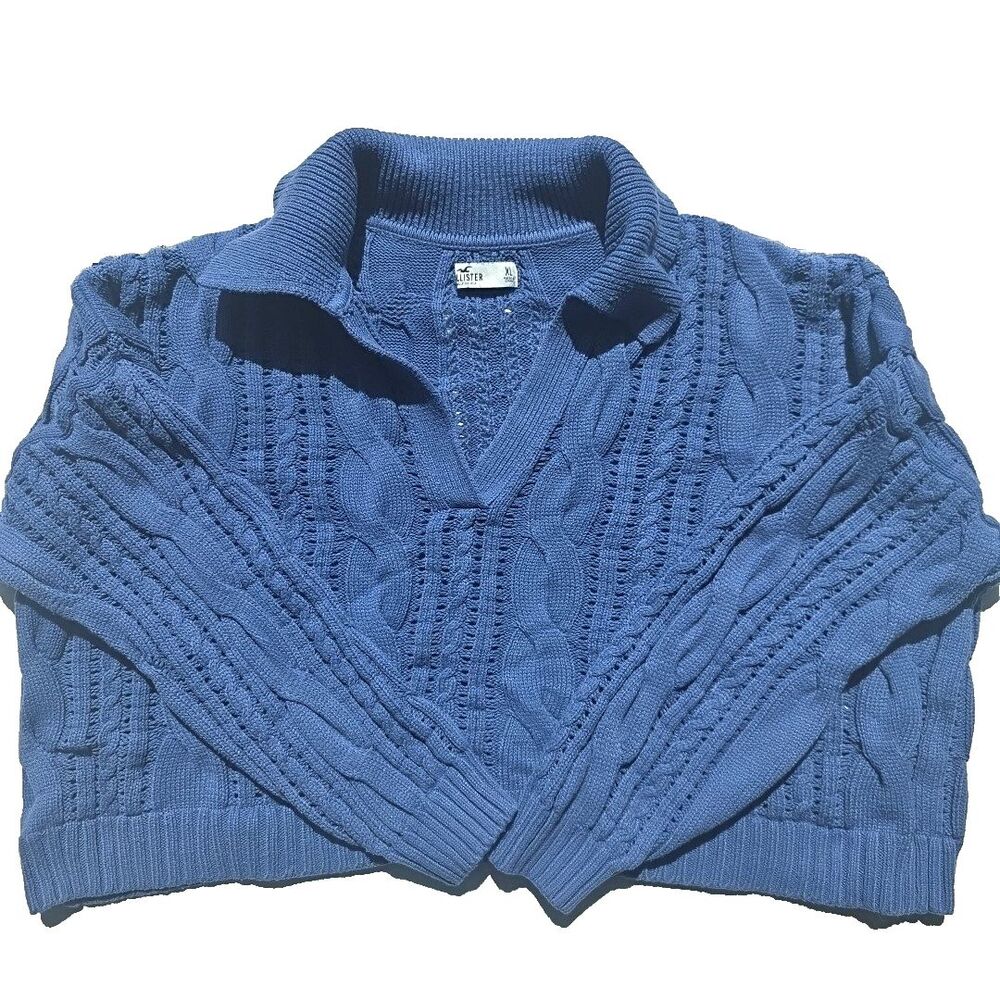 Hollister Sweater Crop Cable Knit Baggy V Neck Collared Periwinkle Blue XL Y2K